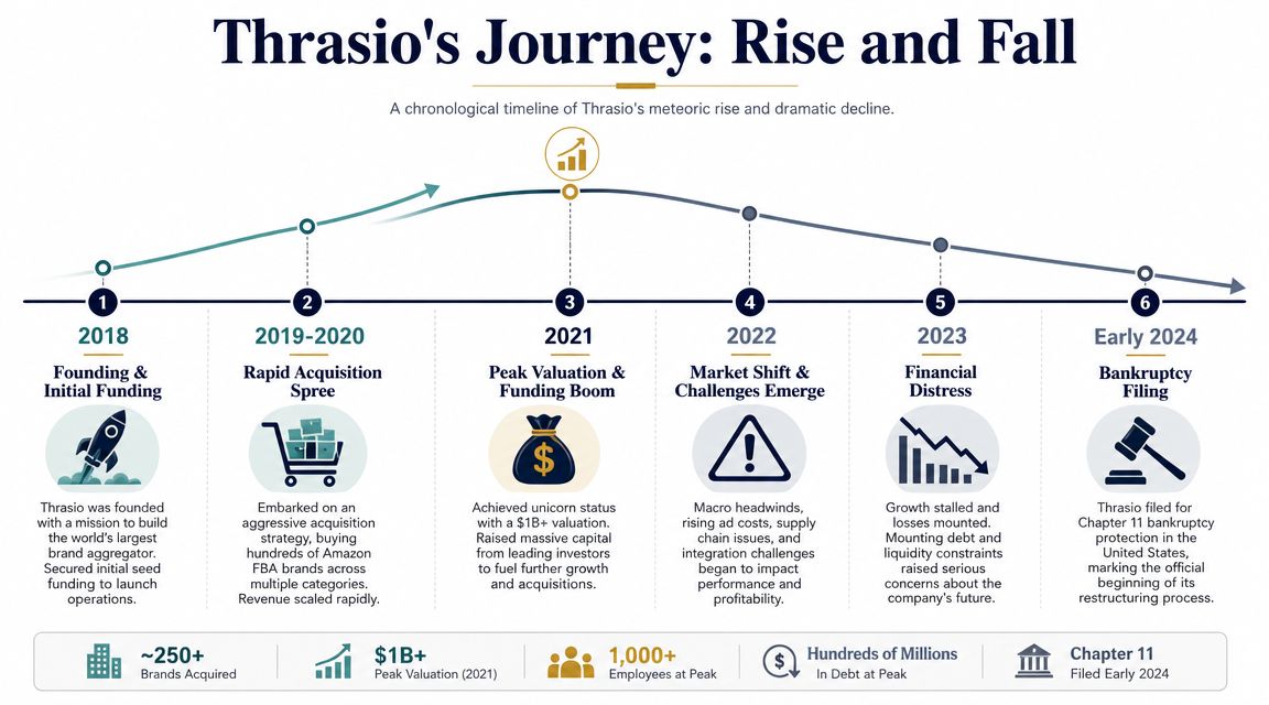 A chronological infographic timeline illustrating the rapid rise and financial decline of Amazon brand aggregator Thrasio.