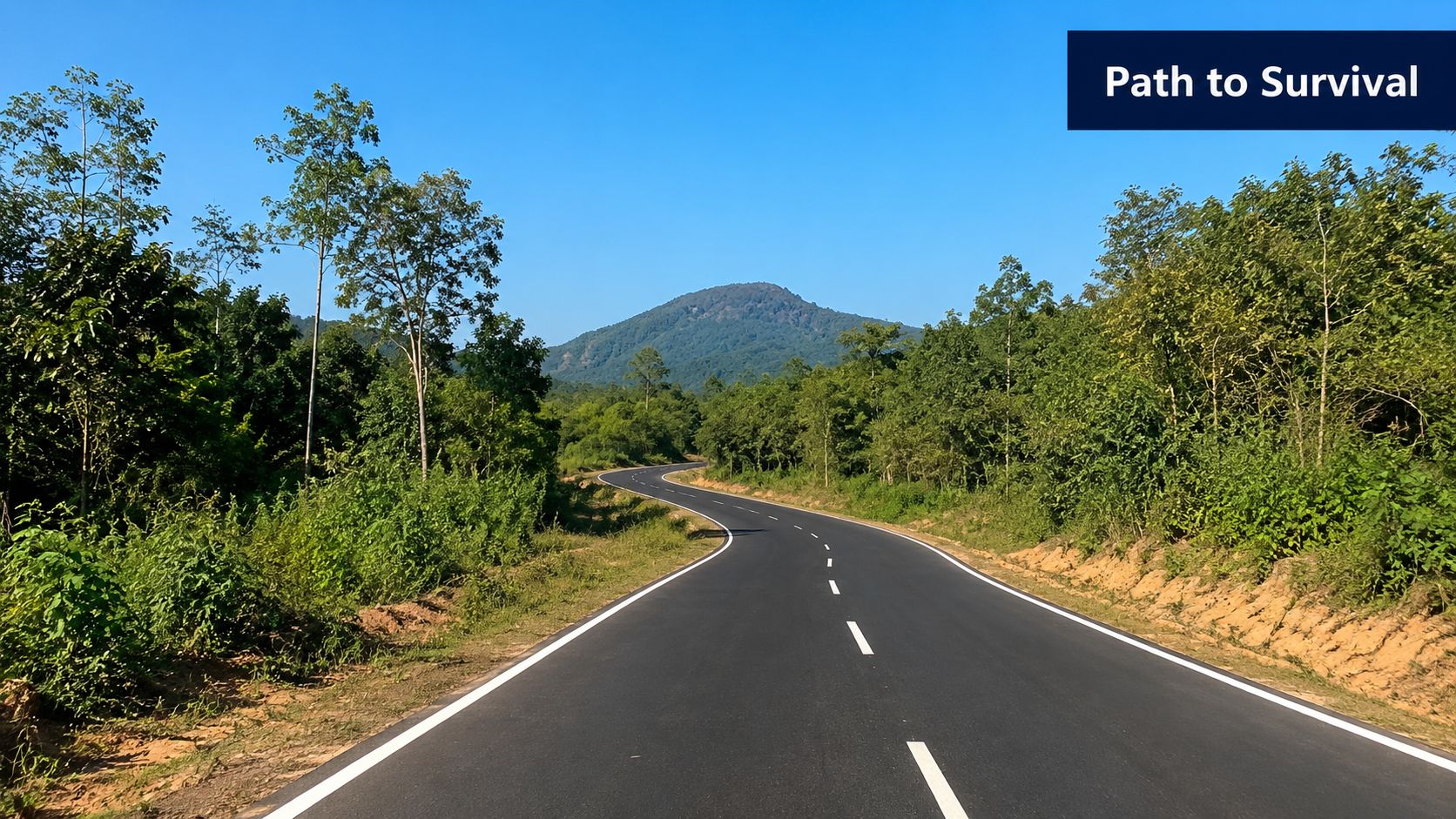 A smooth paved road winding through a lush green forest leading toward a distant mountain peak.