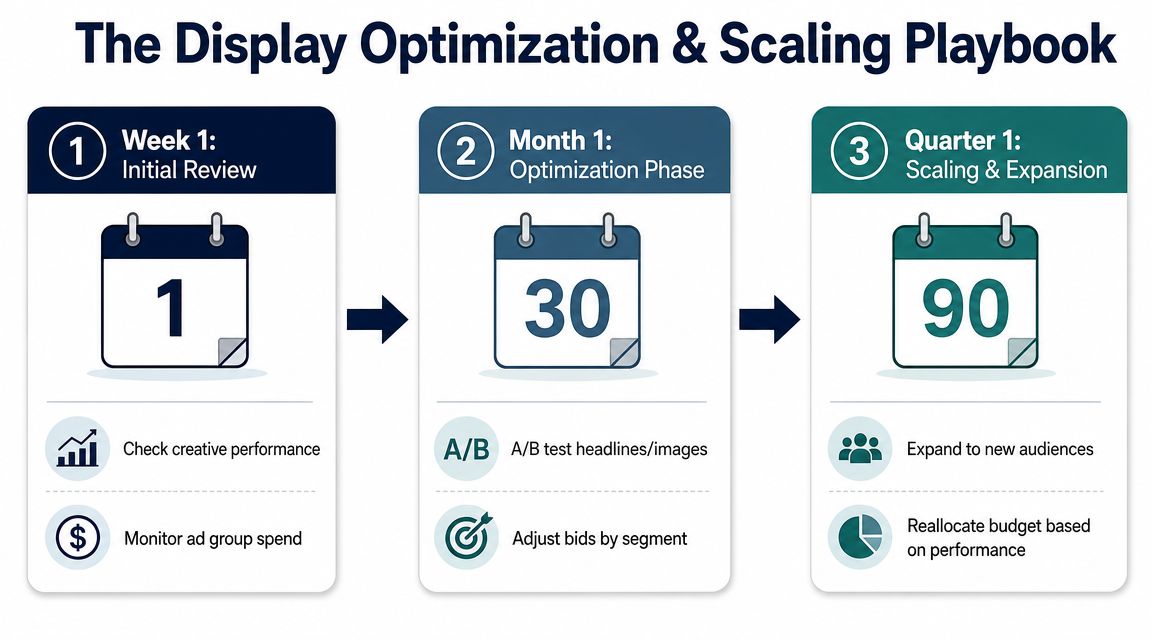 A three-step roadmap infographic for display advertising showing initial review, optimization phase, and scaling strategy.