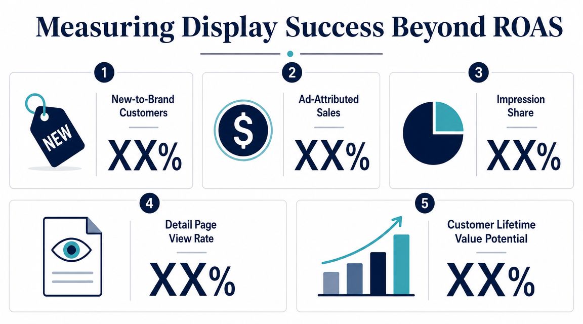 An infographic titled Measuring Display Success Beyond ROAS listing five key marketing performance metrics for digital display advertising.