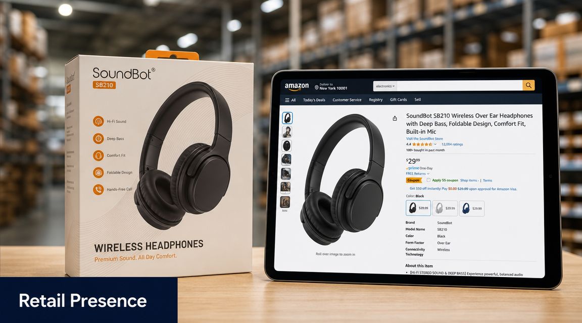 A SoundBot SB210 headphone box sits next to a tablet displaying the product on an Amazon webpage.