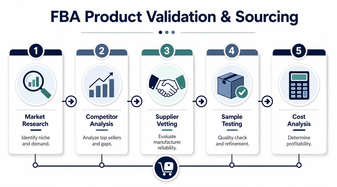 A five-step infographic showing the product validation and sourcing process for Amazon FBA business owners.