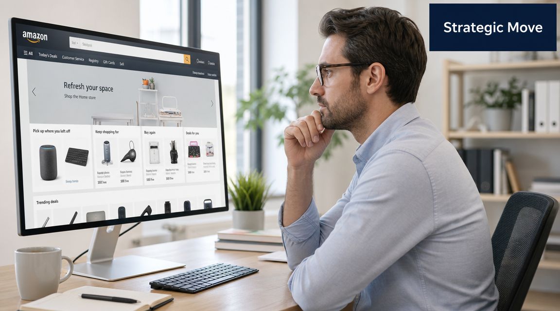 A professional man sitting at a desk and analyzing an Amazon shopping webpage on a large computer monitor.
