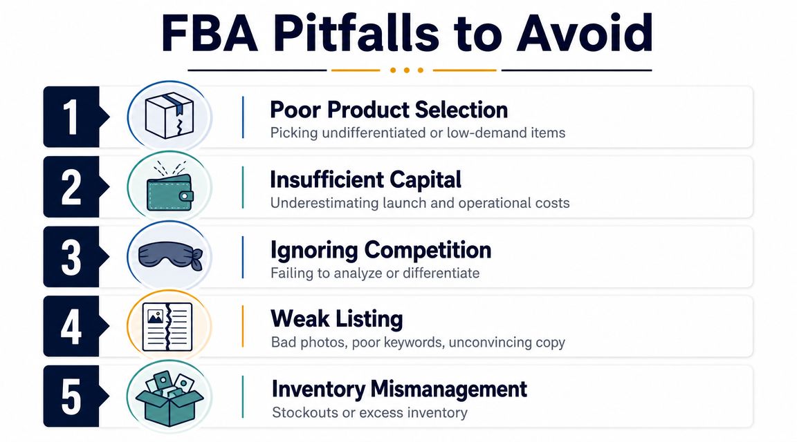 A numbered infographic titled FBA Pitfalls to Avoid, listing five common mistakes for Amazon sellers.