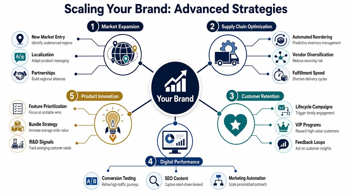 A strategic diagram titled Scaling Your Brand illustrating five key pillars for business growth and optimization.