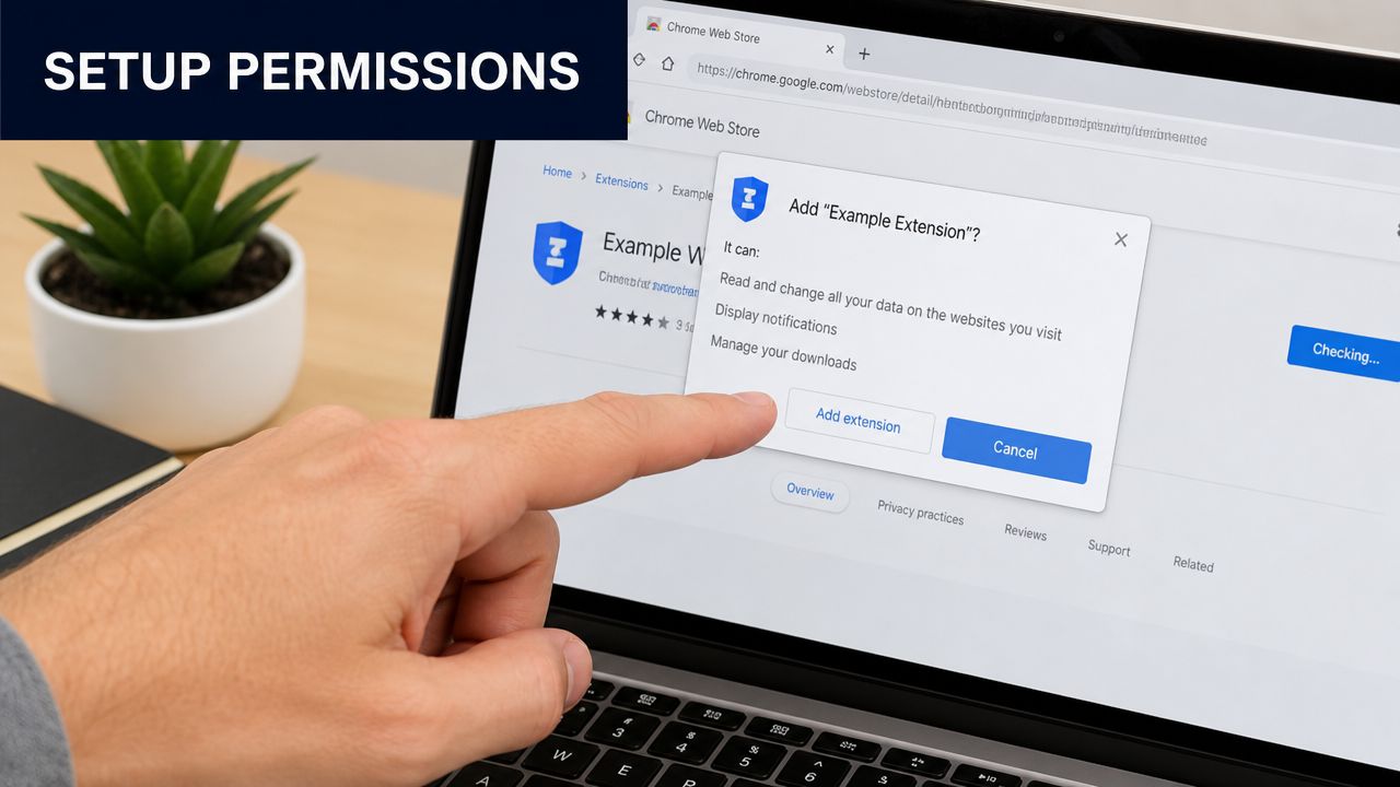 A hand pointing at the Chrome extension installation prompt showing requested permissions on a laptop screen.