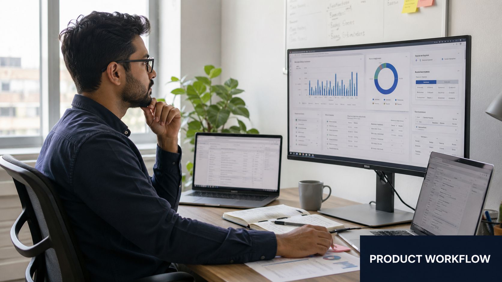 A professional man analyzing data dashboards on multiple computer screens while working in a modern office.