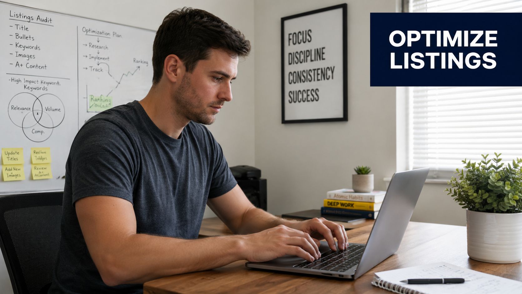 A focused professional man working on his laptop in a modern home office with productivity charts.