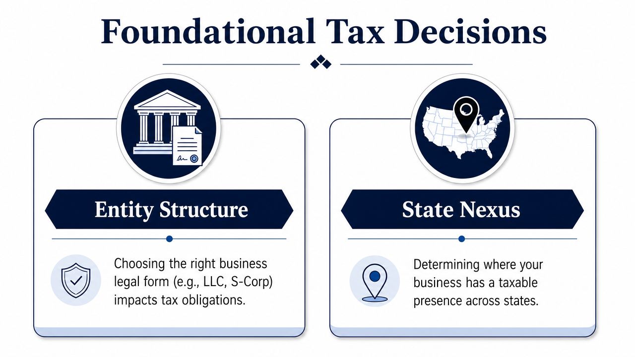 A diagram titled Foundational Tax Decisions showing Entity Structure and State Nexus as key business considerations.