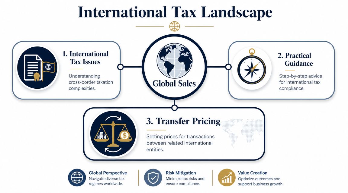 A diagram illustrating the international tax landscape including global sales, tax issues, practical guidance, and transfer pricing.