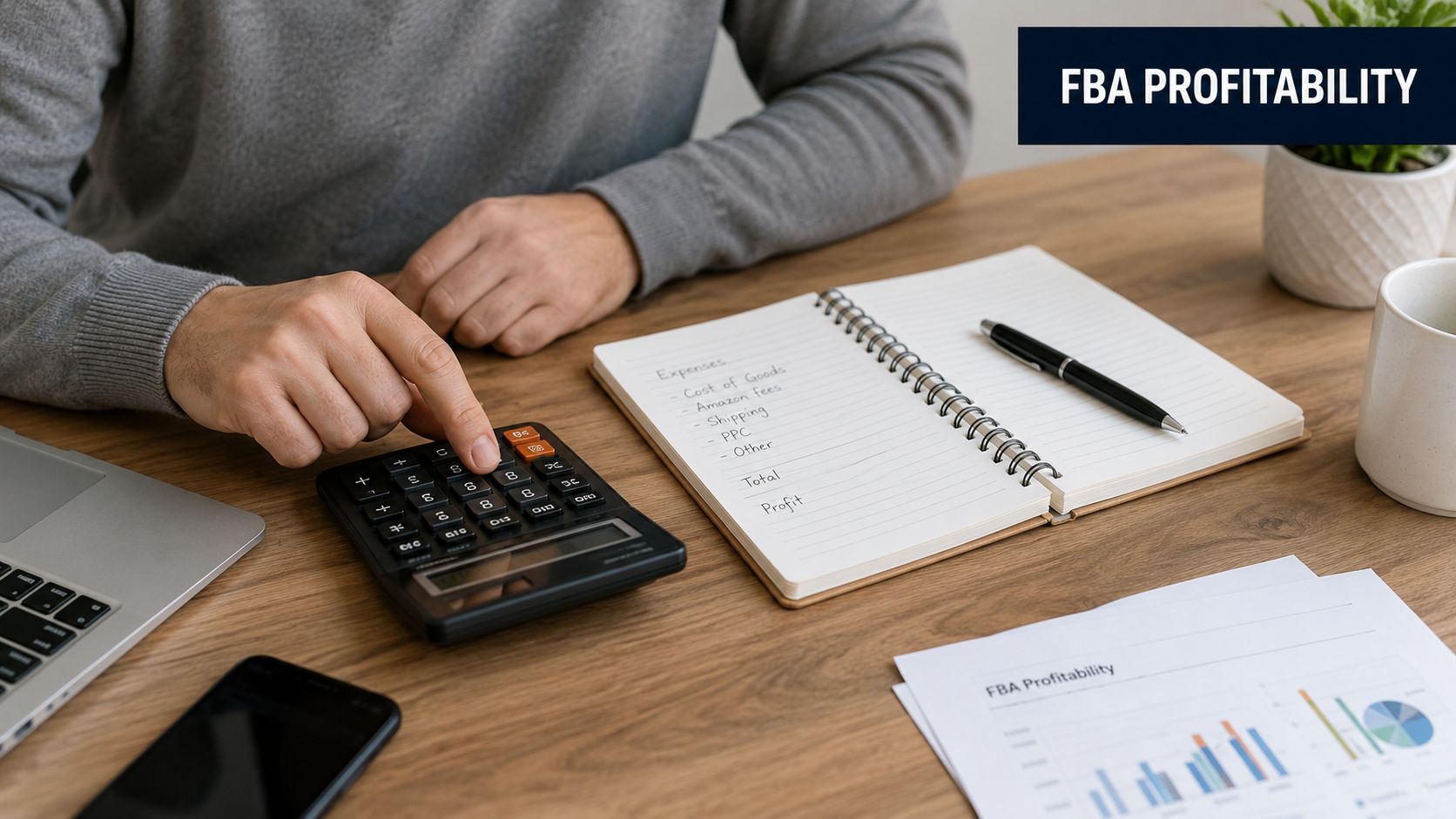 A person analyzing Amazon FBA business profit using a calculator, a notebook with expenses listed, and charts.
