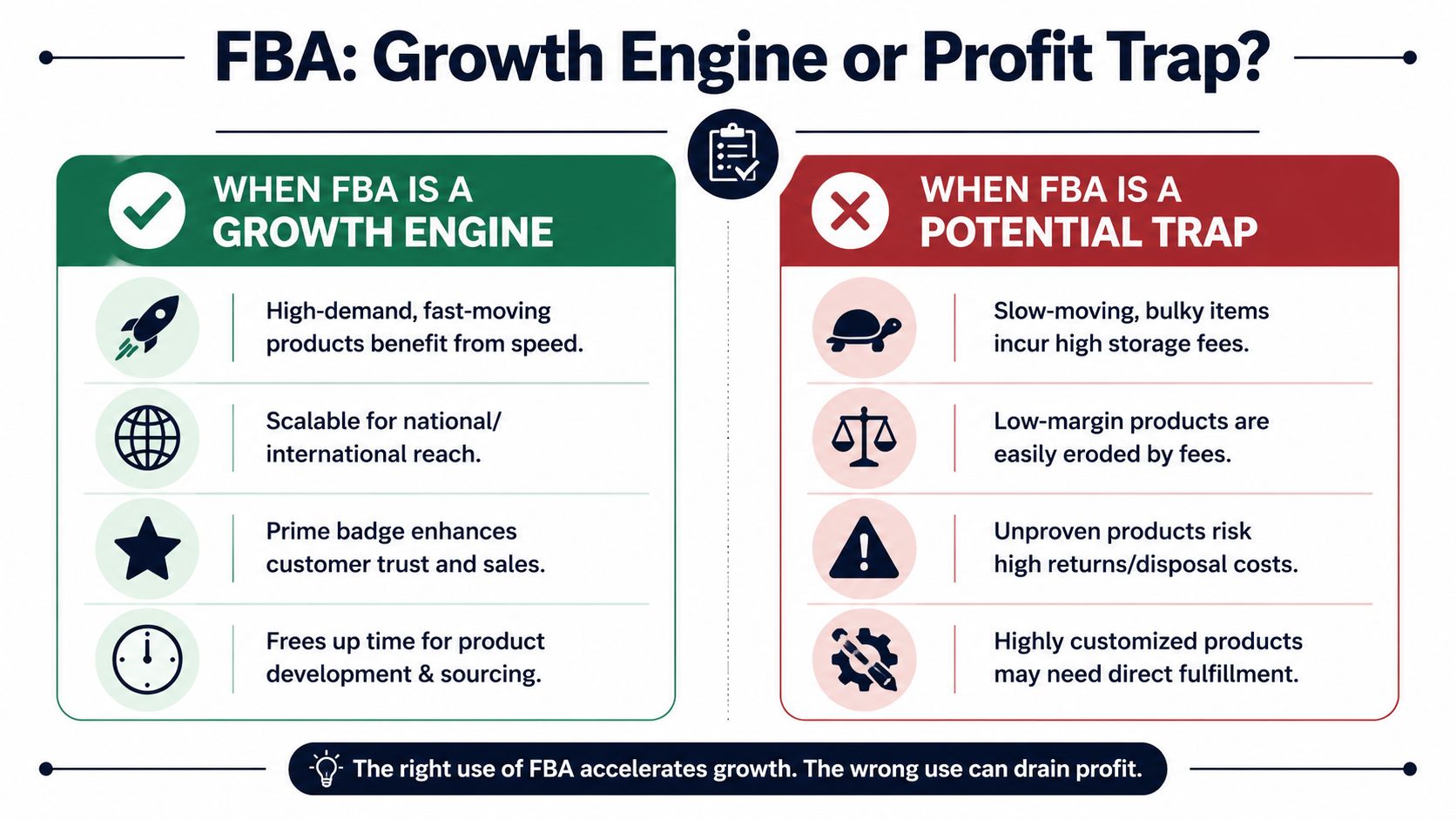 An infographic comparing the benefits of Amazon FBA as a growth engine versus a potential profit trap.