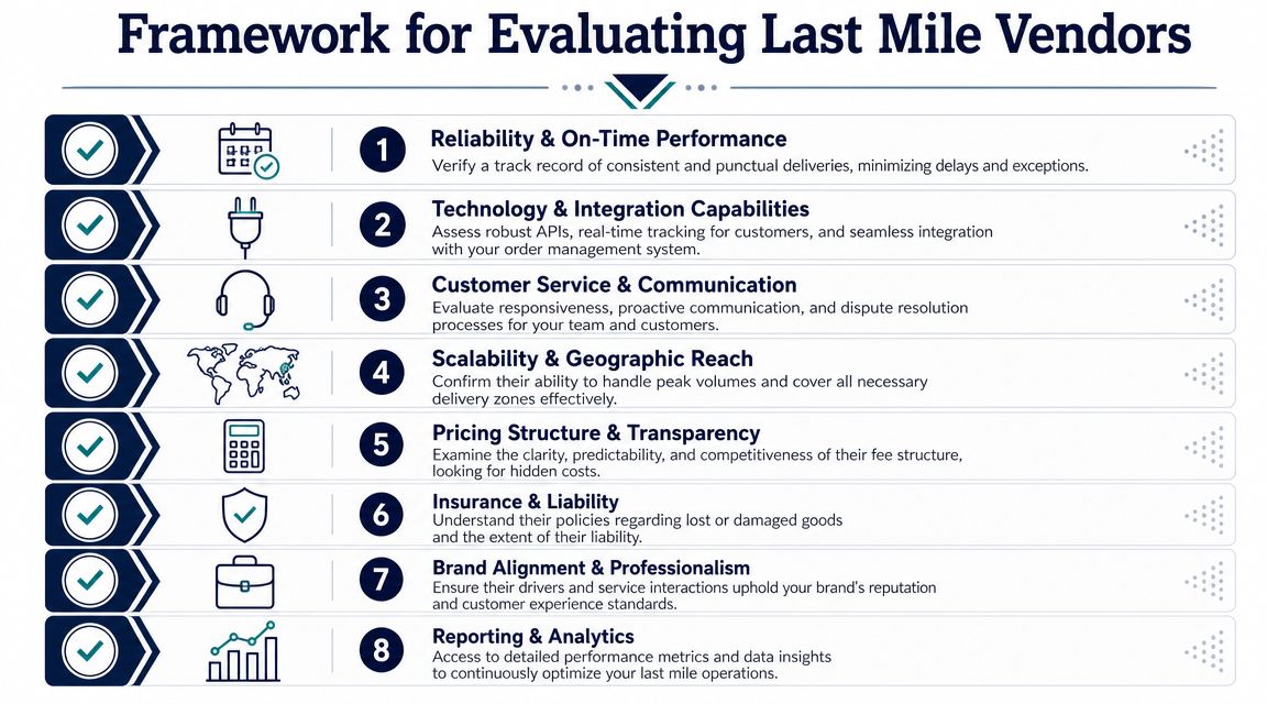An infographic titled Framework for Evaluating Last Mile Vendors detailing eight key criteria for logistics providers.