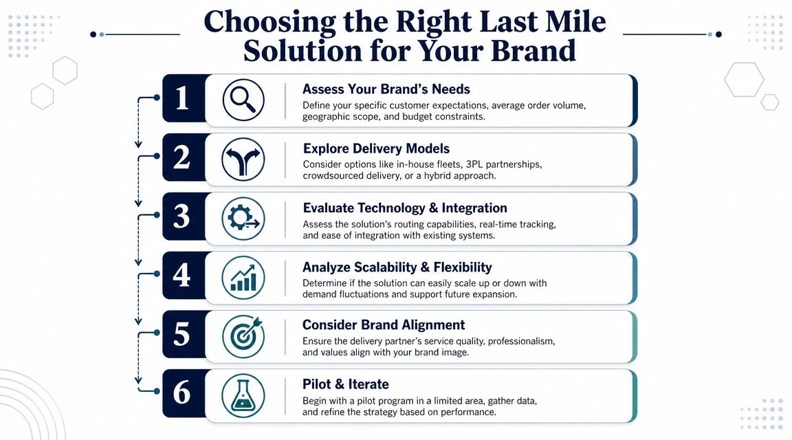 A step-by-step infographic titled Choosing the Right Last Mile Solution for Your Brand with six strategic steps.
