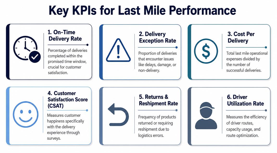An infographic showing six key performance indicators for monitoring last mile delivery efficiency and customer satisfaction.