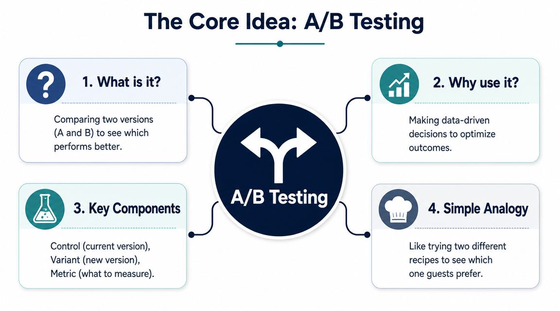 A diagram illustrating the concept of A/B testing with four sections explaining definitions, benefits, components, and analogies.