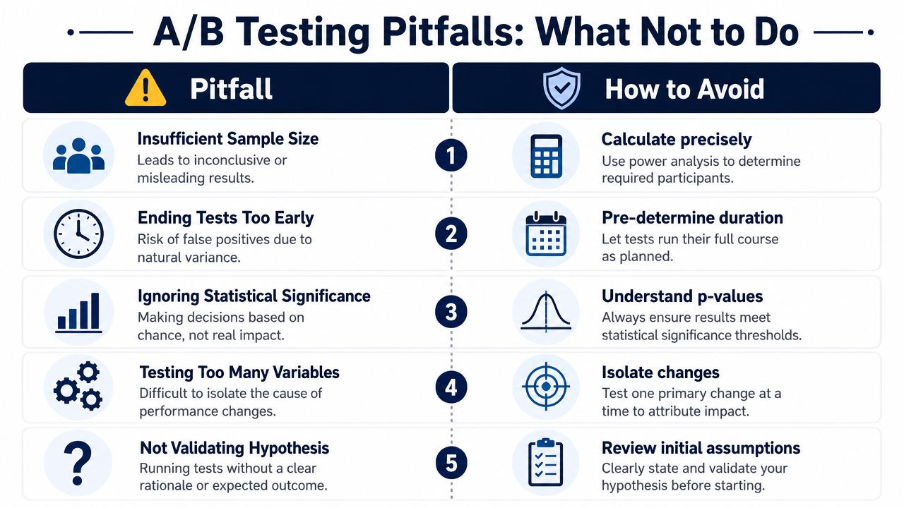 A visual guide illustrating five common A/B testing pitfalls and strategies for how to avoid them effectively.