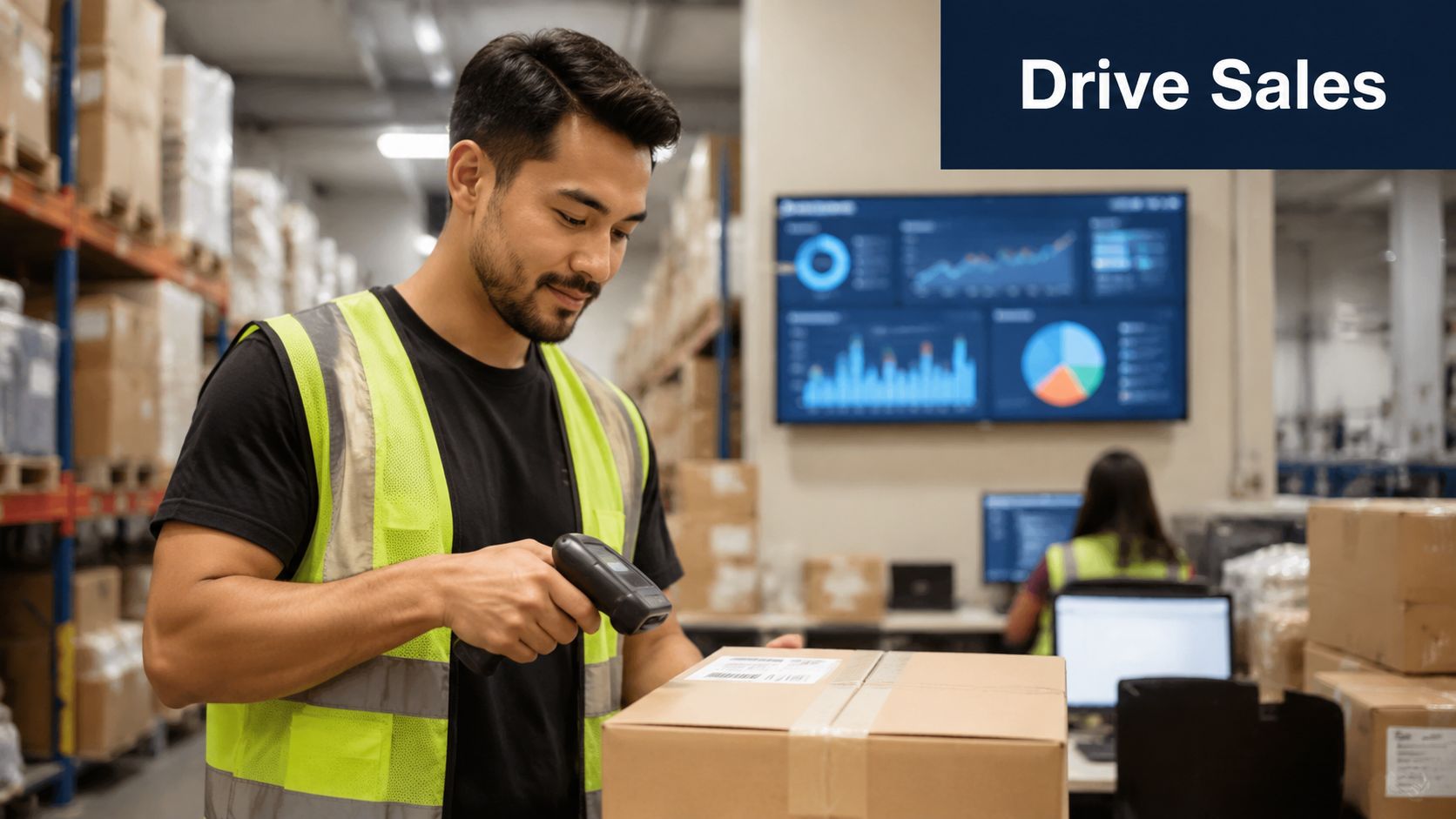 A warehouse worker using a handheld scanner on a cardboard package with data dashboards in background.