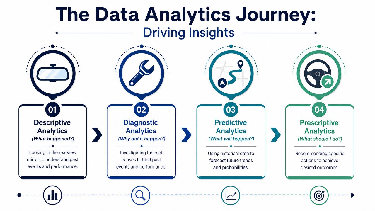 An infographic titled The Data Analytics Journey explaining the four stages of analytics from descriptive to prescriptive.