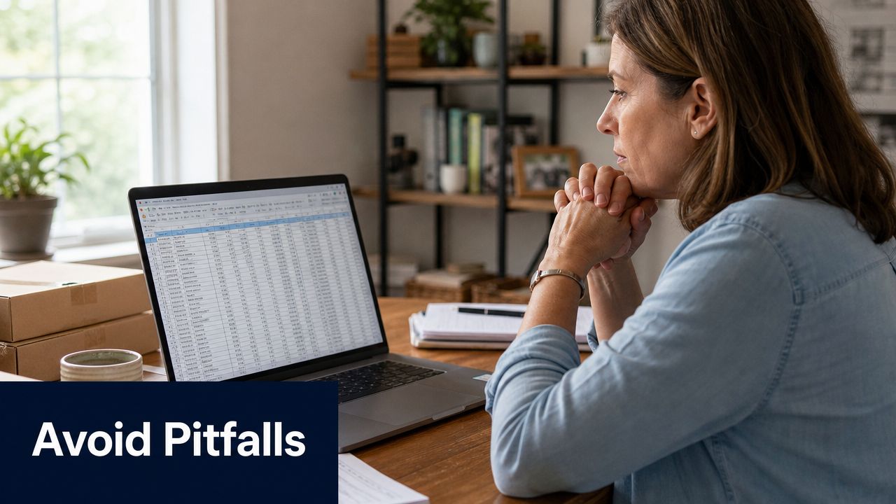 A woman sits at a wooden desk looking thoughtfully at a laptop screen displaying complex data spreadsheets.