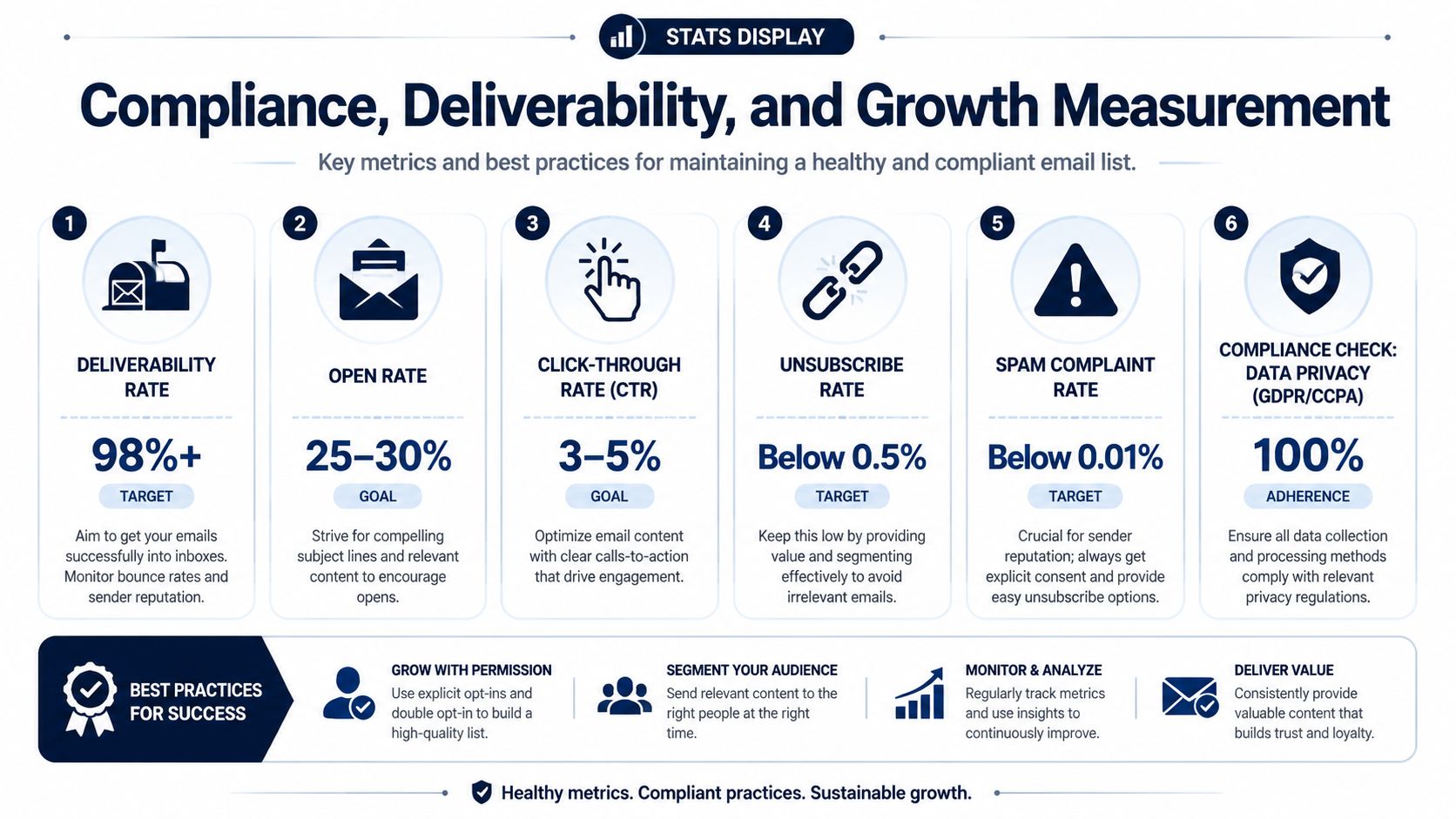 An infographic showing key email marketing metrics and best practices for list building and compliance.