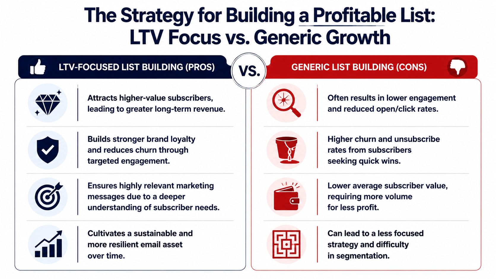 A comparison chart showing benefits of LTV-focused list building versus the drawbacks of generic list growth strategies.