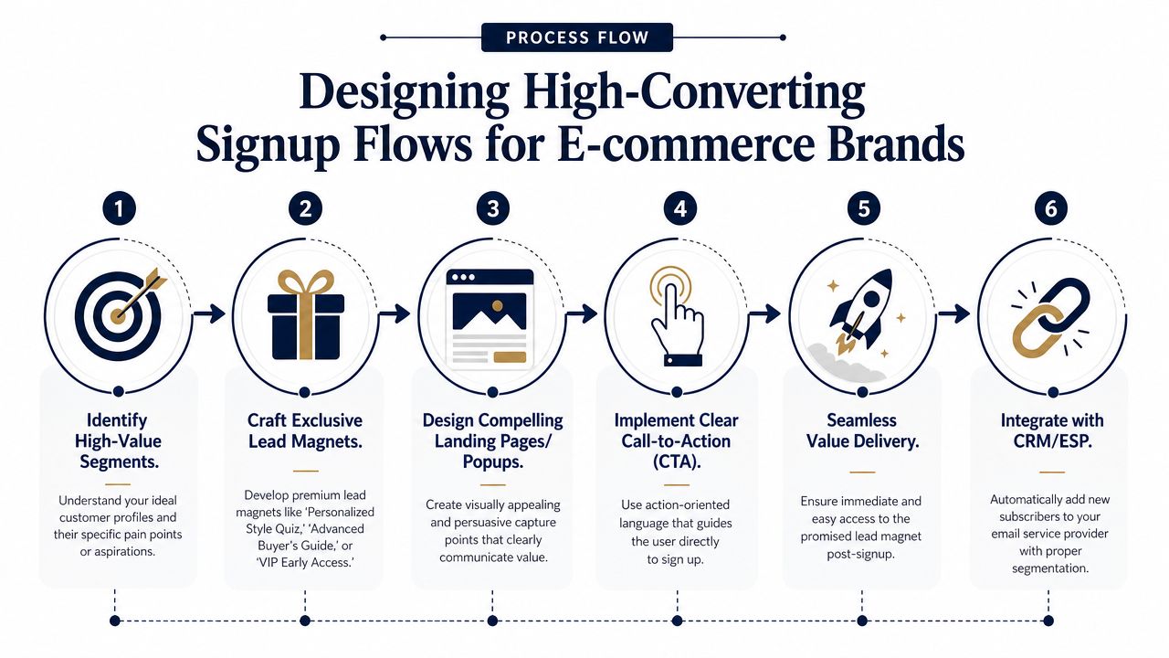 A process flow infographic outlining six steps for designing high-converting signup flows for e-commerce brand websites.