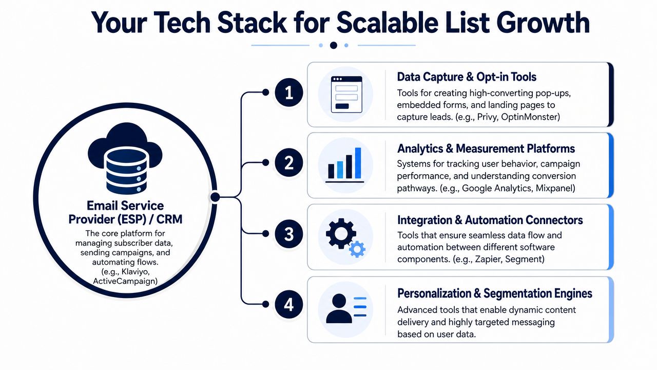 A diagram outlining the essential tech stack components required for effective and scalable email list growth.