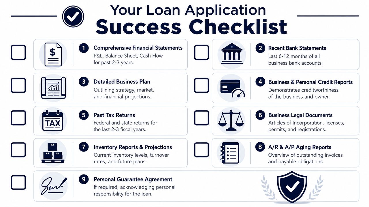 An infographic checklist outlining the nine essential documents needed for a successful small business loan application.