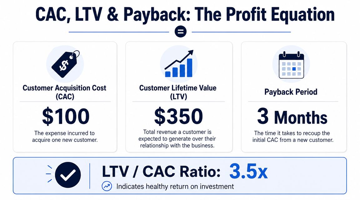 An infographic illustrating the profit equation involving customer acquisition cost, lifetime value, and payback period metrics.