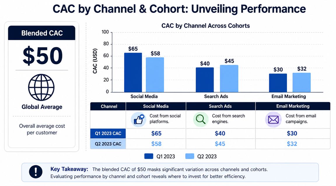 A chart showing Customer Acquisition Cost by marketing channel and cohort, highlighting variations in spending efficiency.