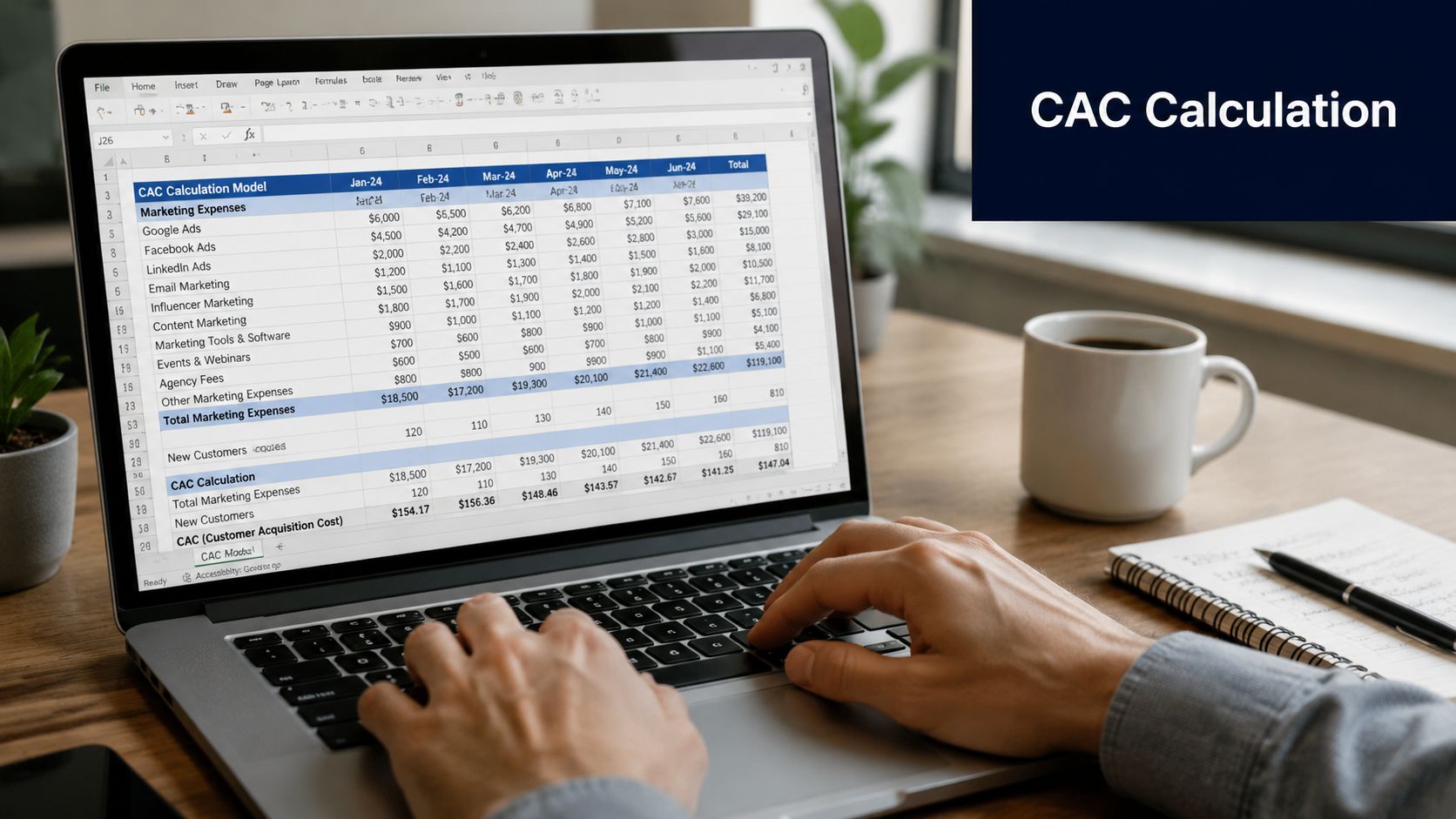 A person using a laptop to view a spreadsheet showing customer acquisition cost calculations for marketing expenses.