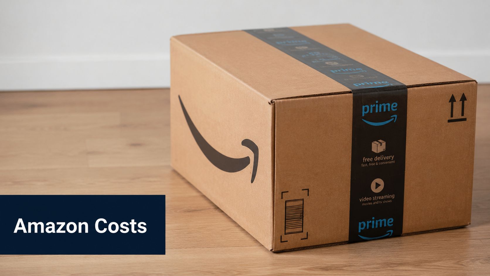 A brown cardboard Amazon shipping box sits on a light-colored wooden floor with Amazon Prime branding.