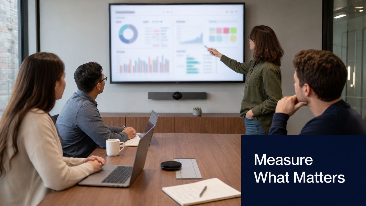 A diverse team collaborating in a modern office meeting, focusing on data visualizations on a large screen.