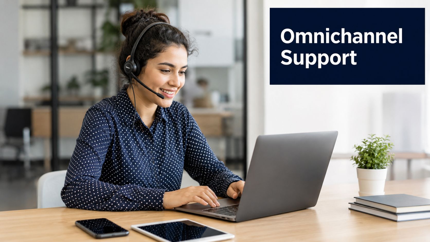 A friendly customer support agent wearing a headset working on a laptop at her desk.