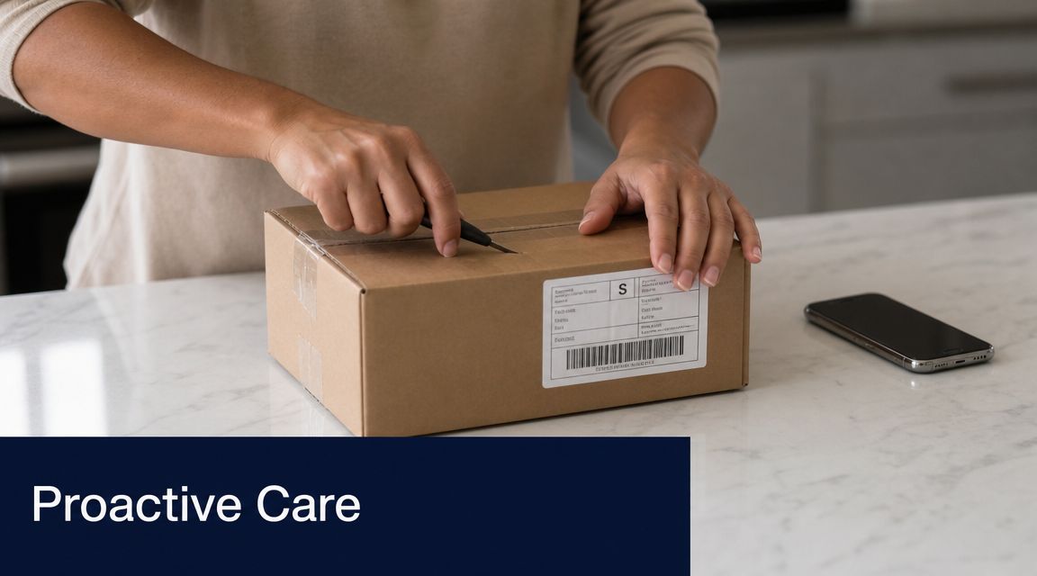 A person using a utility knife to open a cardboard shipping package on a marble countertop.