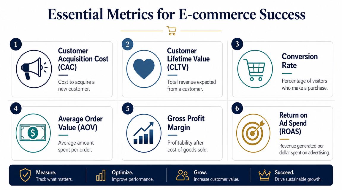 An infographic titled Essential Metrics for E-commerce Success listing six key business performance indicators for online stores.