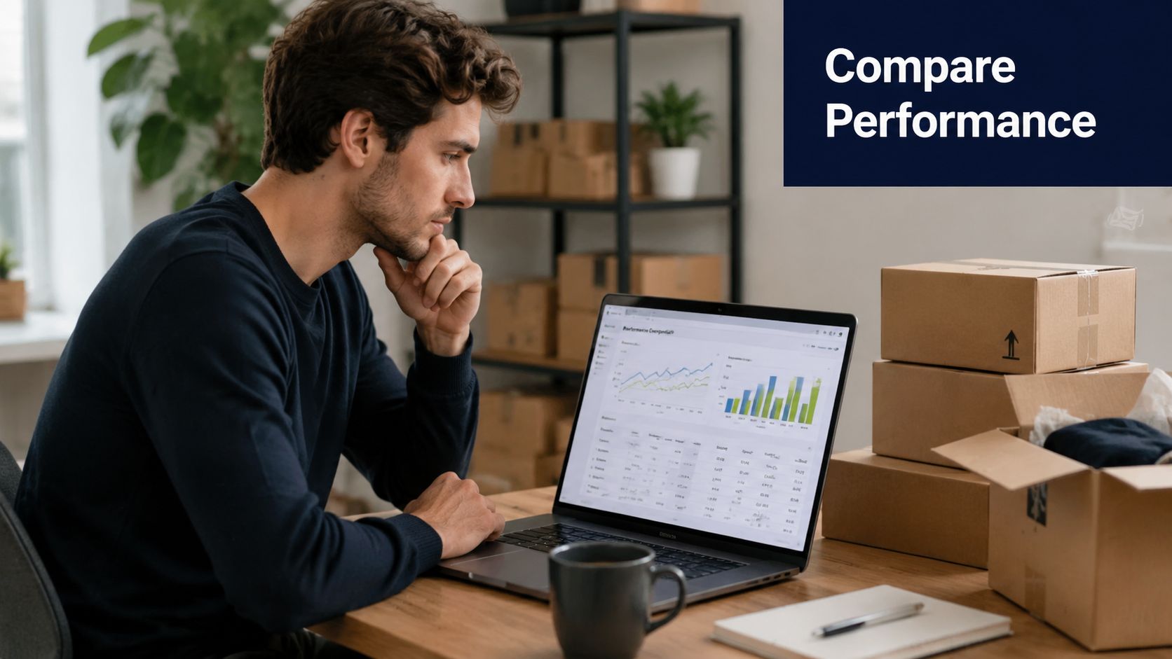 A focused man analyzing financial statements and charts on his laptop while sitting at his desk.
