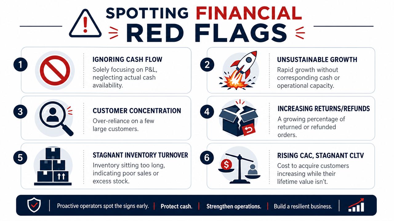 An infographic titled Spotting Financial Red Flags detailing six business warning signs to watch for.