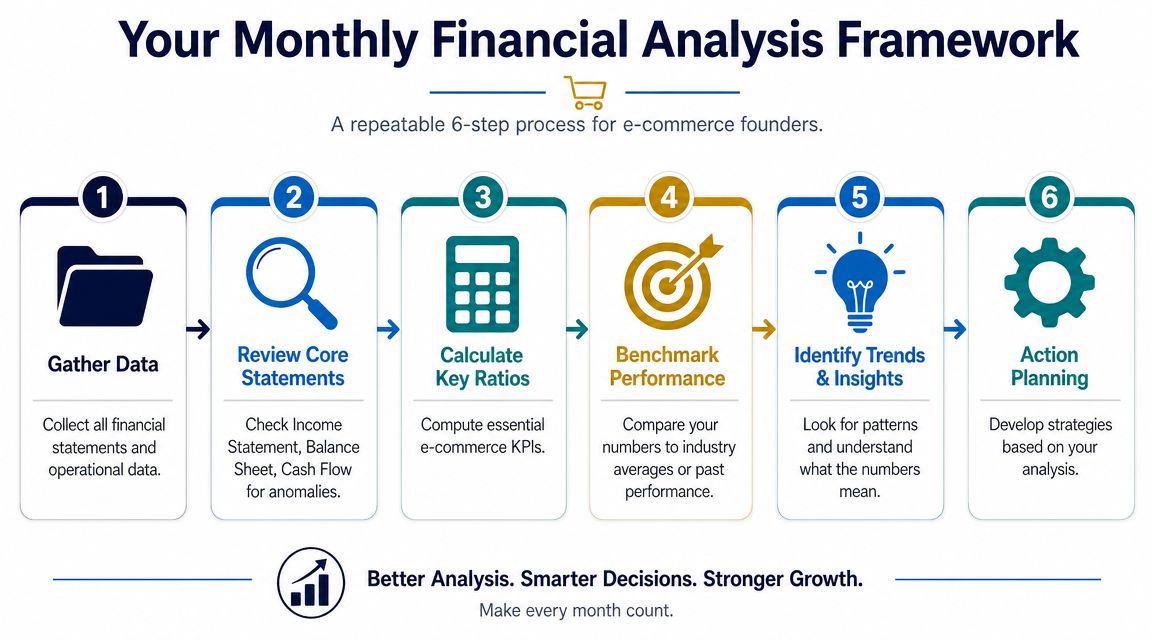 A six-step infographic showing a repeatable monthly financial analysis framework process for e-commerce founders.
