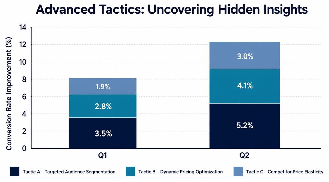 A stacked bar chart comparing conversion rate improvements from three tactics between Q1 and Q2.