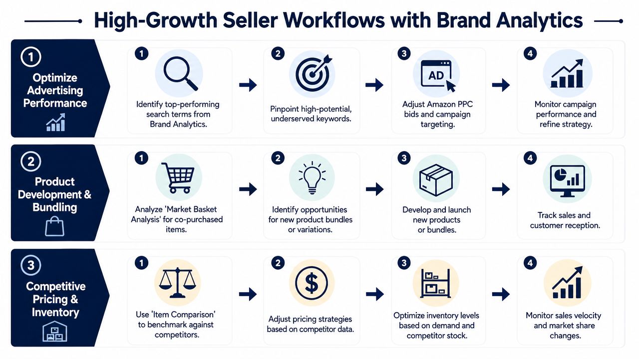 A diagram outlining three high-growth seller workflows for businesses using Amazon Brand Analytics for optimization.