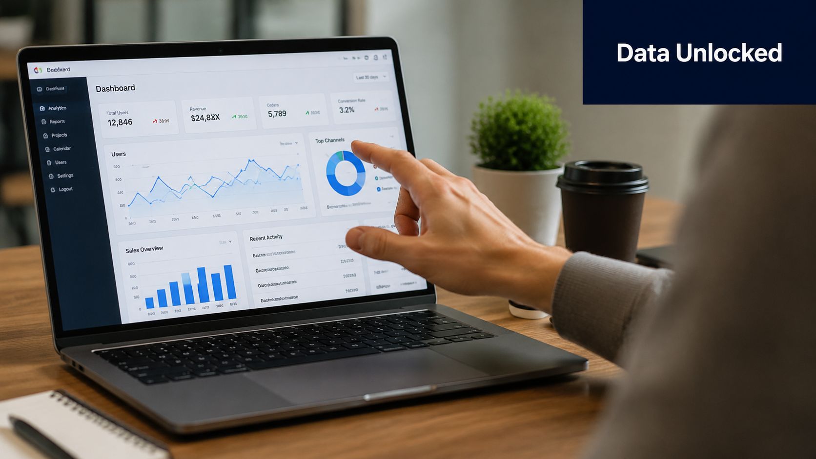 A professional analyzing business analytics dashboards on a modern laptop screen in a bright office environment.