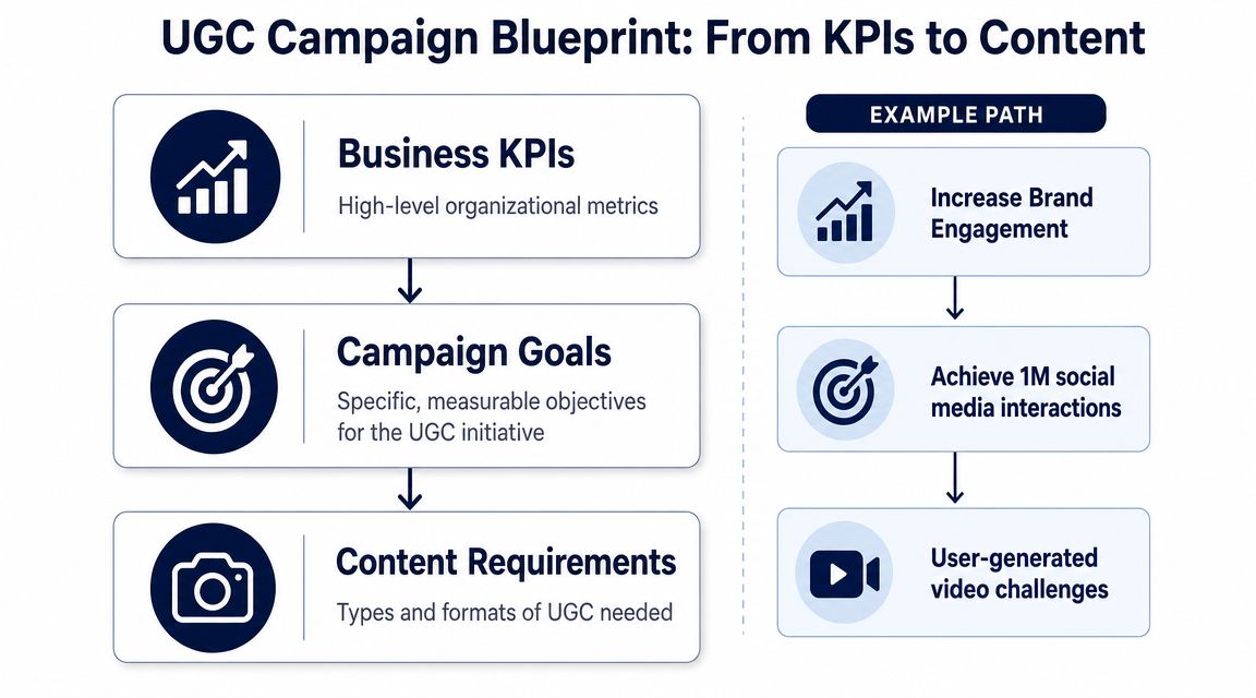 A diagram outlining a UGC campaign blueprint from business KPIs to specific campaign goals and content requirements.