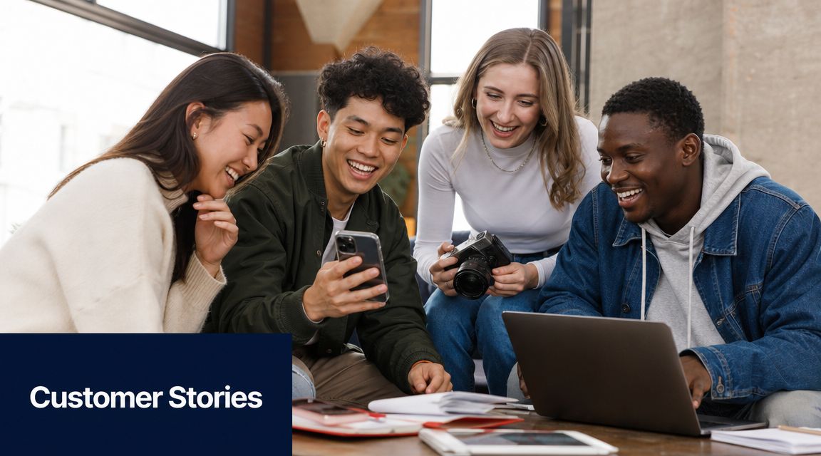 A diverse group of creative young professionals collaborating on a project while reviewing digital content together.