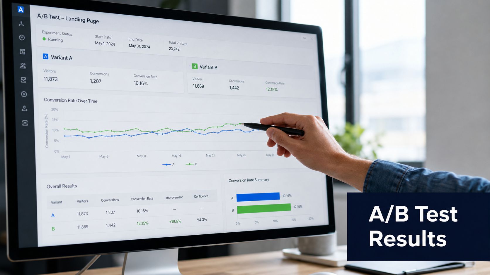 A person pointing to a computer screen displaying a digital dashboard showing A/B testing conversion rate analytics.