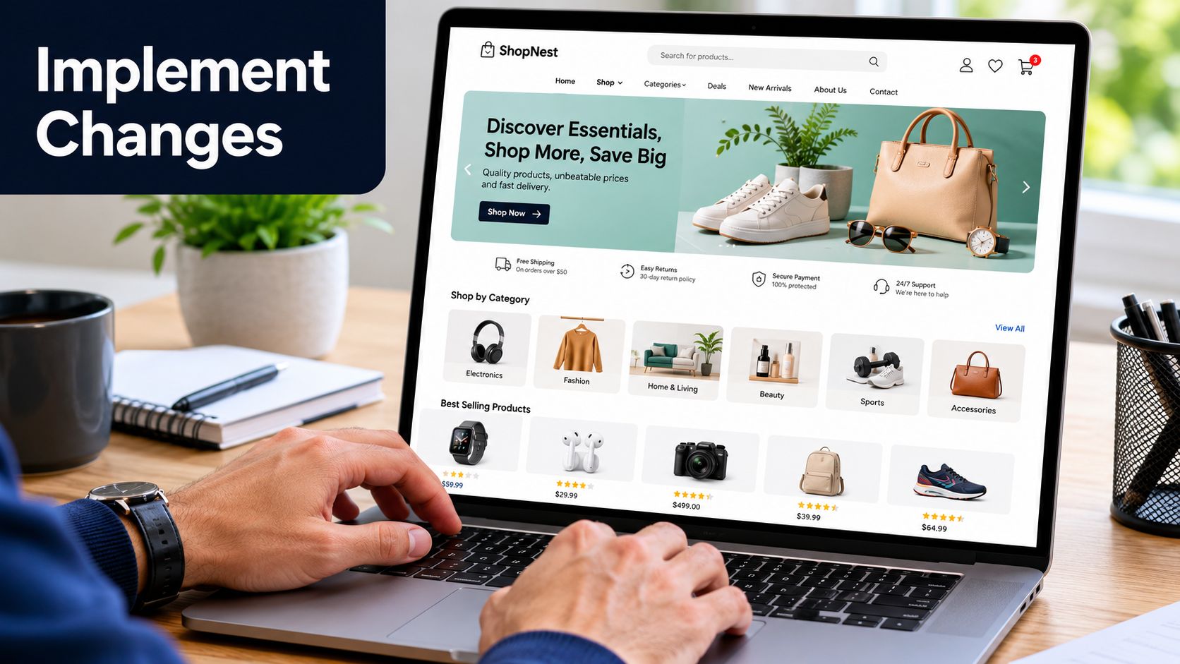 A professional typing on a laptop displaying the ShopNest e-commerce homepage on a clean office desk.