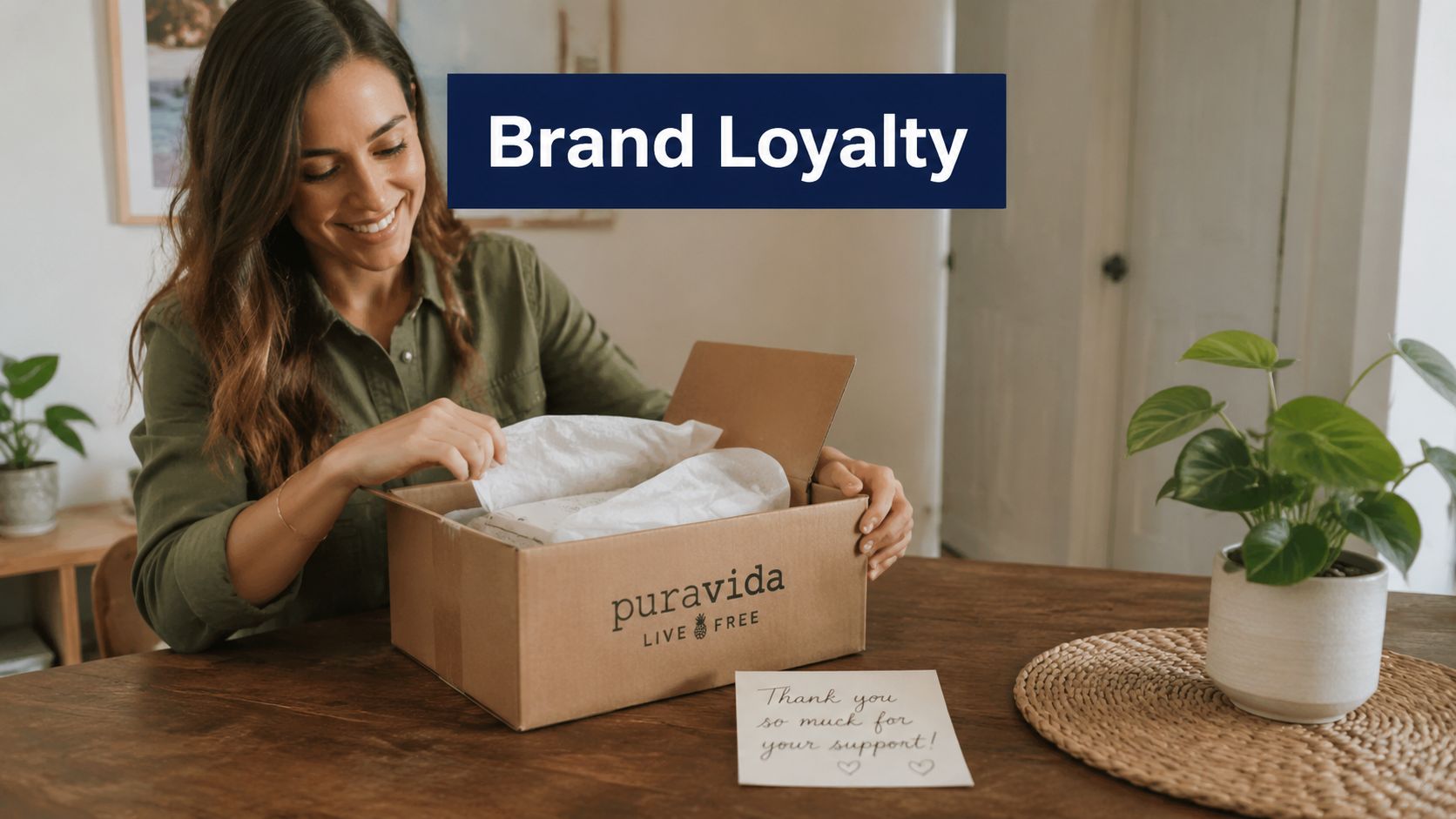 A woman smiling as she opens a Pura Vida branded shipping box at a wooden table.