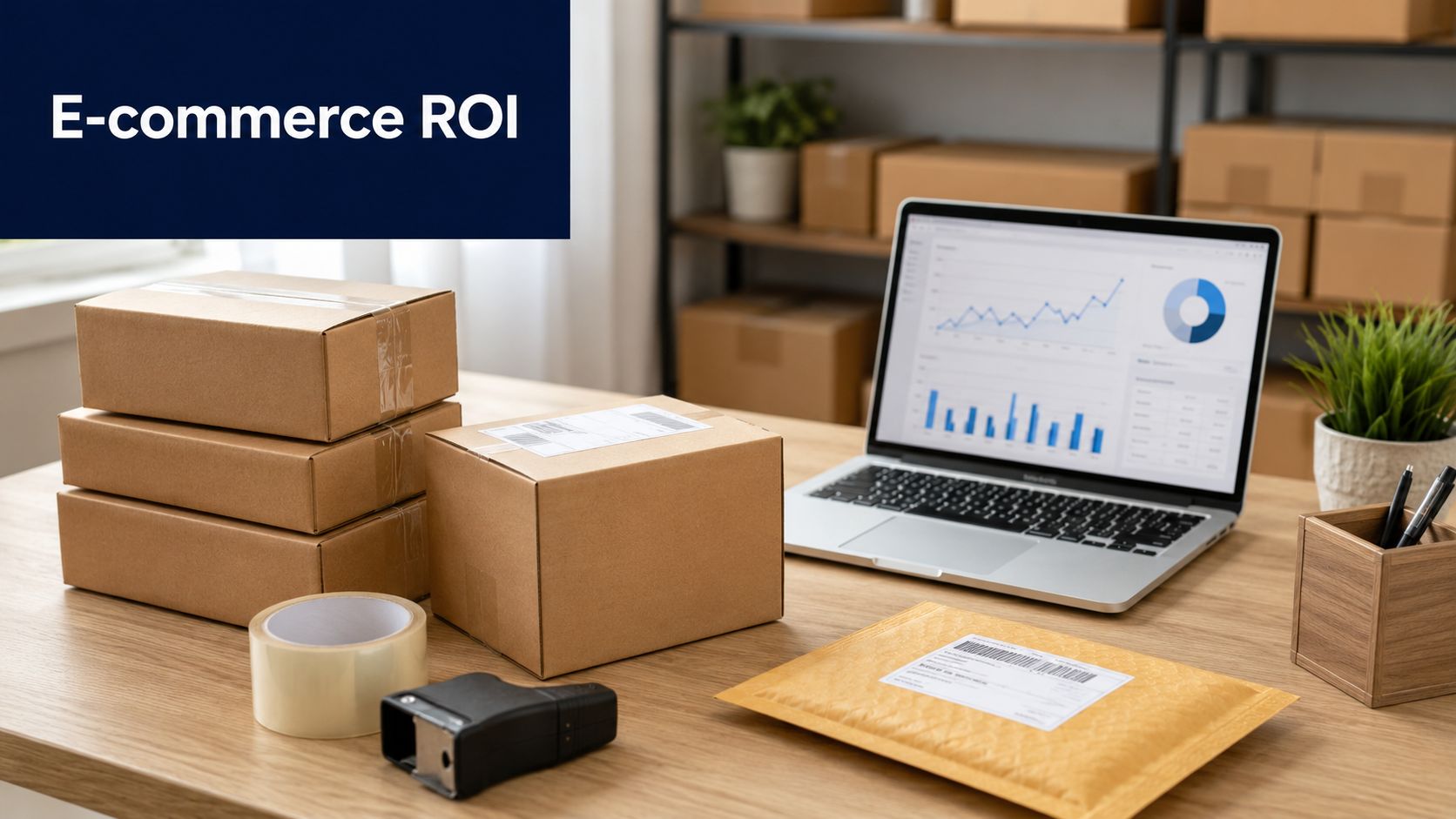 A workspace with packages, a shipping label, and a laptop displaying e-commerce business analytics and metrics.