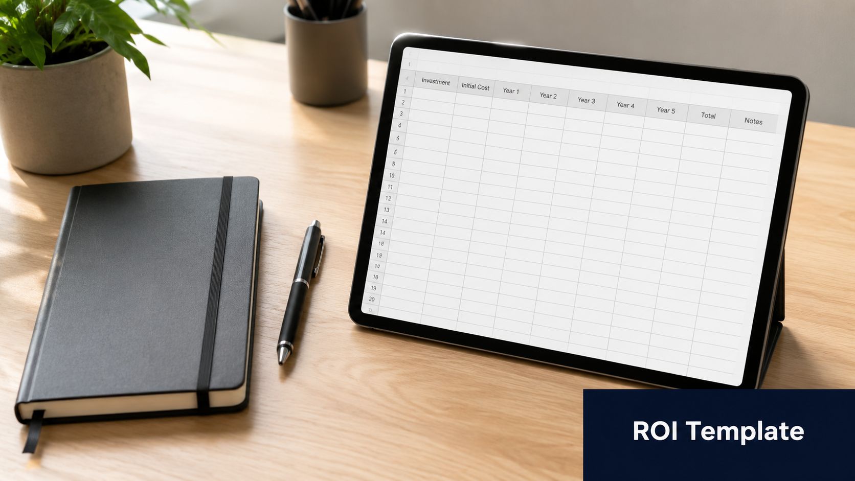 A digital ROI template spreadsheet displayed on a tablet screen next to a notebook and pen.